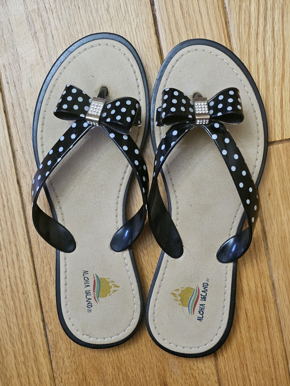 Aloha Island Black Polka Dot Bow Sandals with Rhinestone Accent